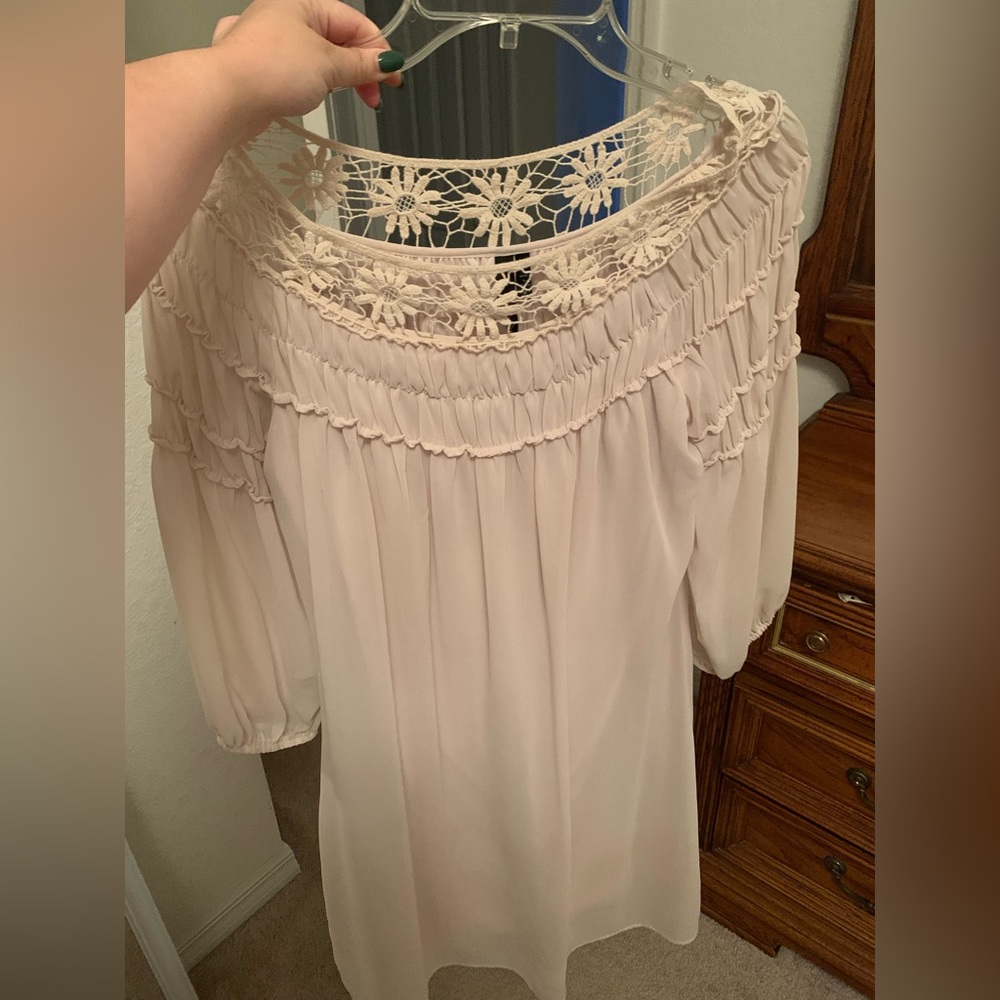 Cream 3/4 Sleeve Lace Detail Dress